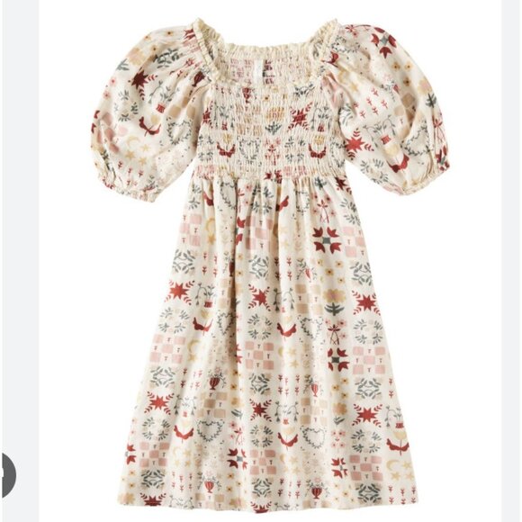 Rylee + Cru Della Dress Girls 2-3Y Cream Puff Sleeve Smocked Woodland Floral - Picture 1 of 4